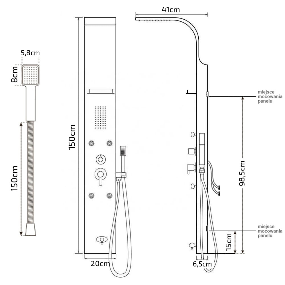 Douchepaneel - met planchet, regendouche & hydromassage - 150cm