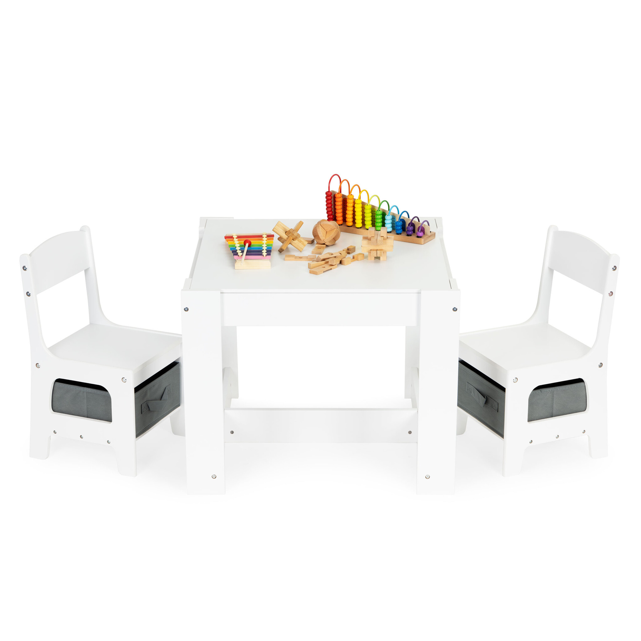 Kindertafel en stoeltjes - 63x63x51cm - tafel dubbelzijdig  - wit
