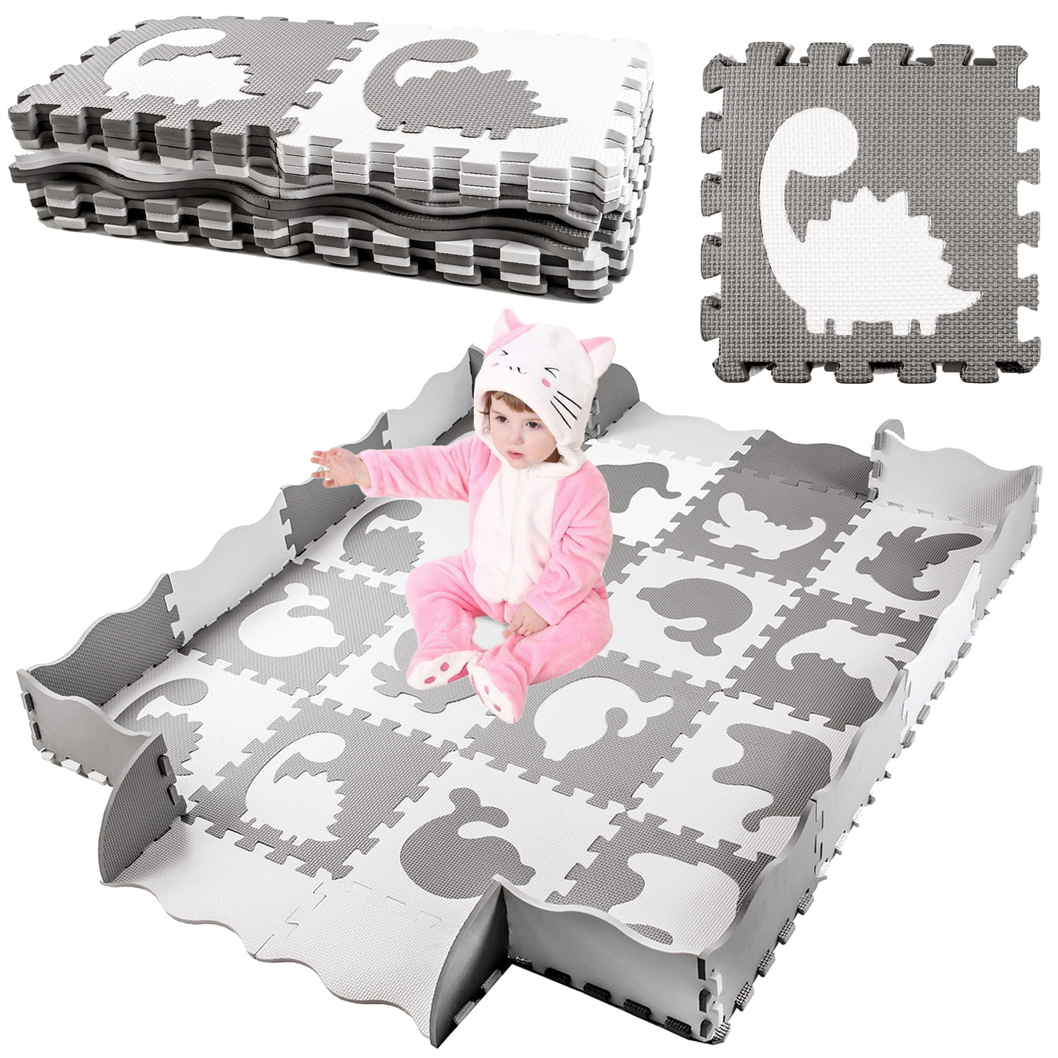 Speelmat baby - foam - puzzelmat - 145x145cm - grijs, wit