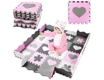 Speelmat baby - foam - puzzelmat - 145x145cm - grijs, roze, wit