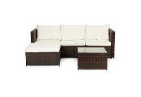 Loungeset tuin - polyrattan - hoekbank en tafel - bruin, wit