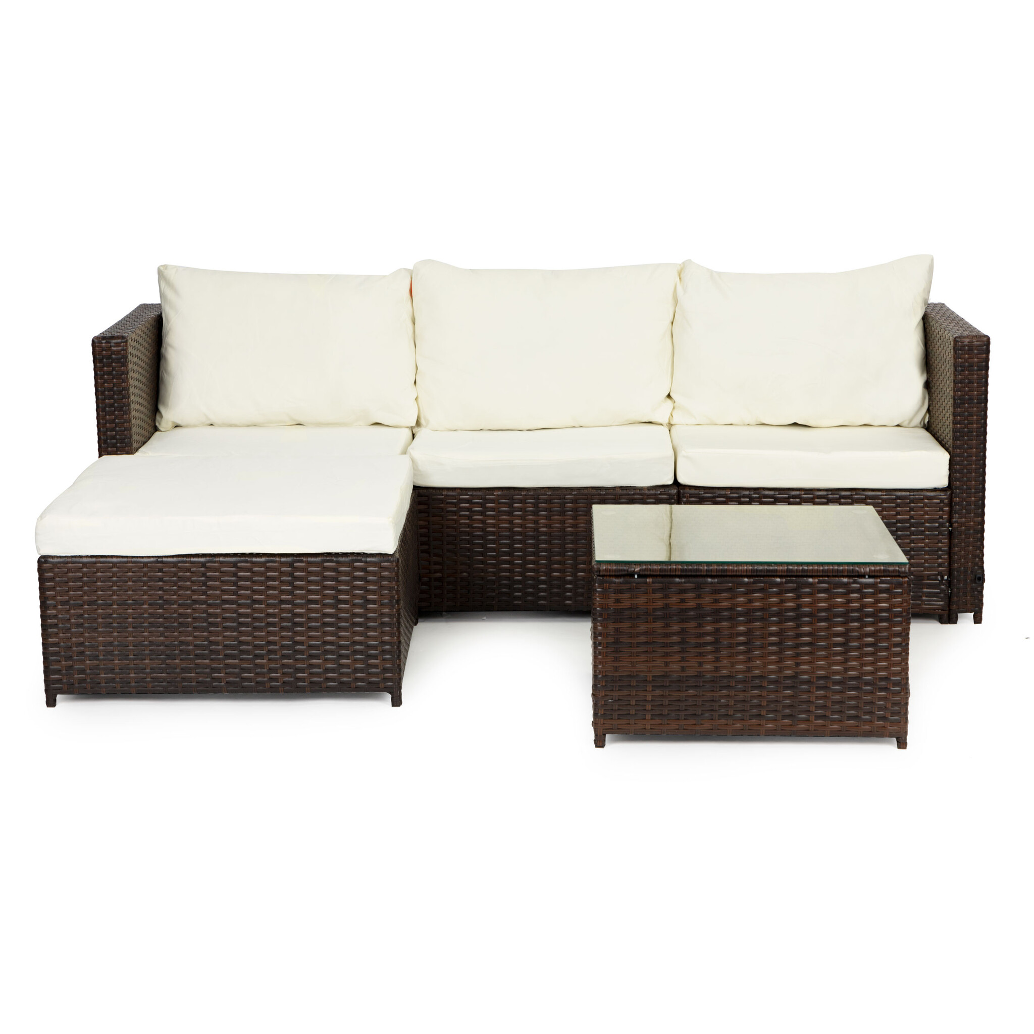 Loungeset tuin - polyrattan - hoekbank en tafel - bruin, wit