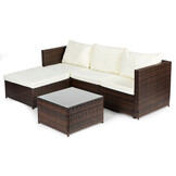 Loungeset tuin - polyrattan - hoekbank en tafel - bruin, wit