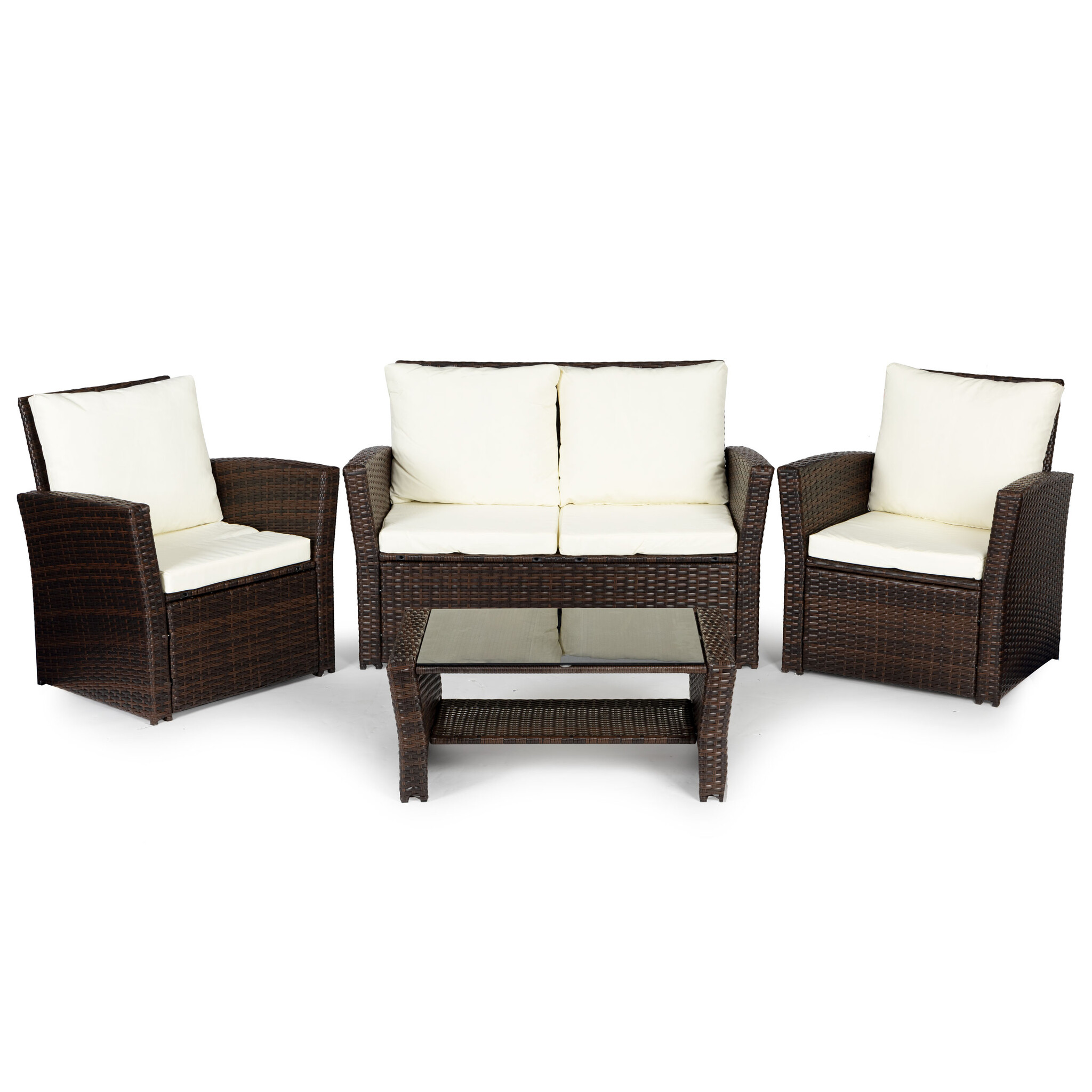 Loungeset tuin - 4 persoons - polyrattan - bruin, wit
