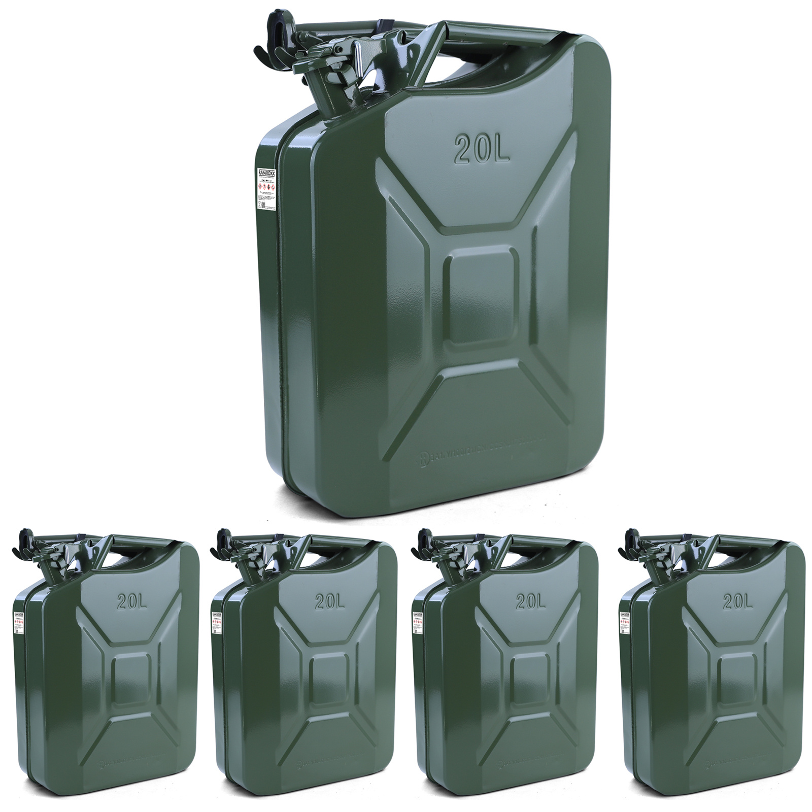 5x 20L Metalen jerrycan Brandstof Benzine Diesel Reserve met Vulopening Groen