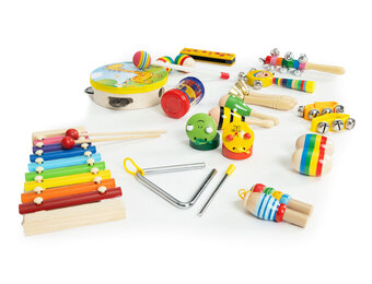 Houten muziekinstrumenten - 14 delig - kleurrijk - met tas