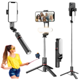Selfie stick - LED-verlichting - tot 111cm - zwart, zilver