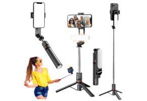 Selfie stick - LED-verlichting - tot 111cm - zwart, zilver