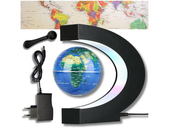 Zwevende wereldbol - magnetisch - LED - 17,5 cm - zwart, blauw