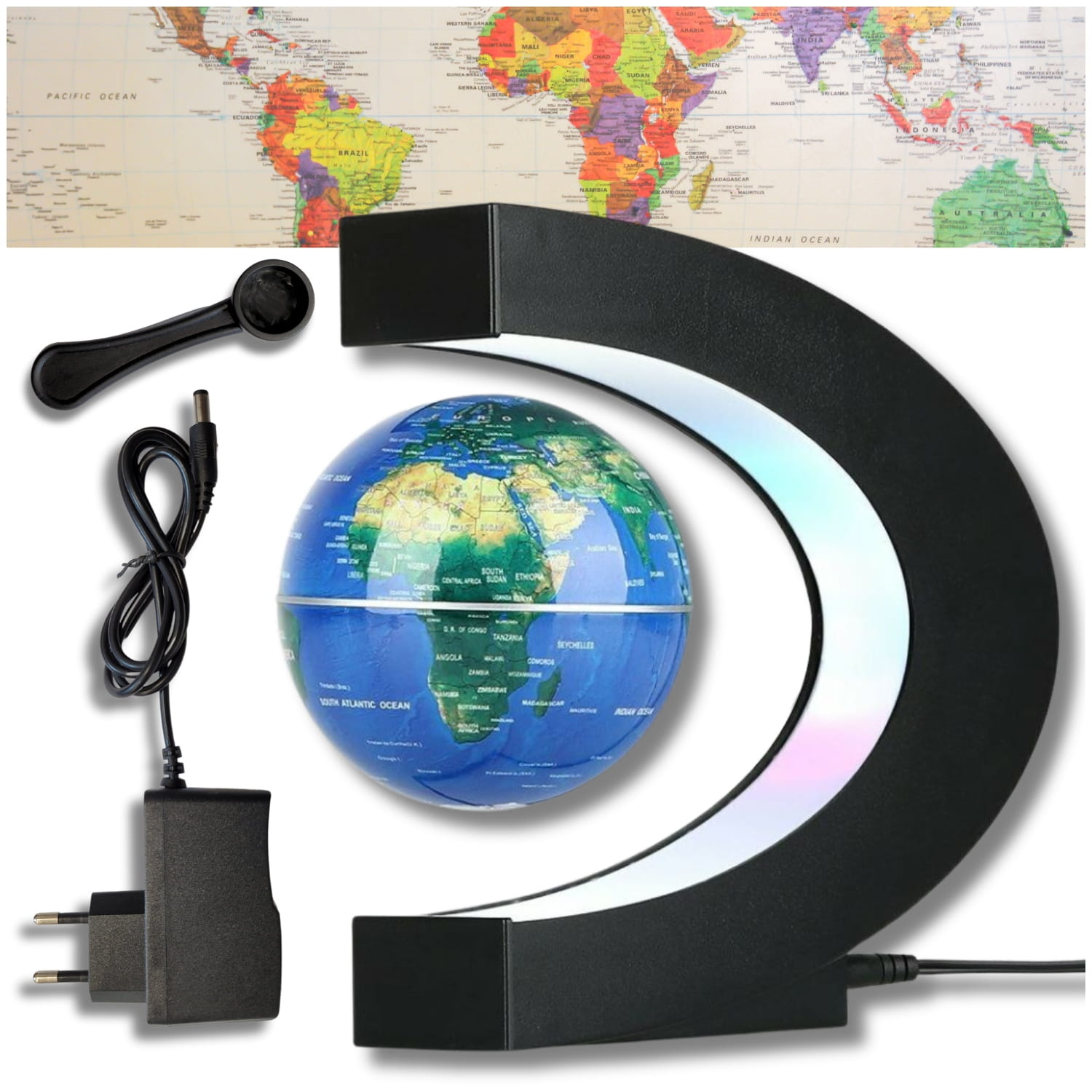 Zwevende wereldbol - magnetisch - LED - 17,5 cm - zwart, blauw