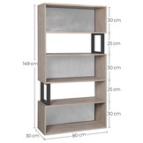 Boekenkast - boekenrek - 80x30x149cm - 5 planken - grijs zwart