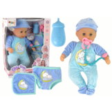 Babypop - 38cm - blauw - met papfles en fopspeen