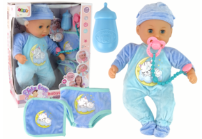 Babypop - 38cm - blauw - met papfles en fopspeen