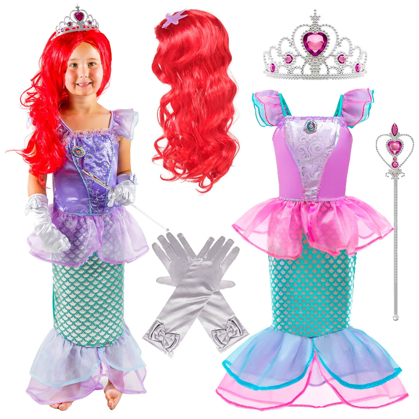Zeemeermin jurk - maat 120 - met rode pruik en accessoires