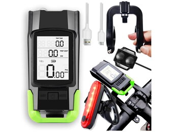 Fietscomputer - met fietslamp en kilometerteller - zwart