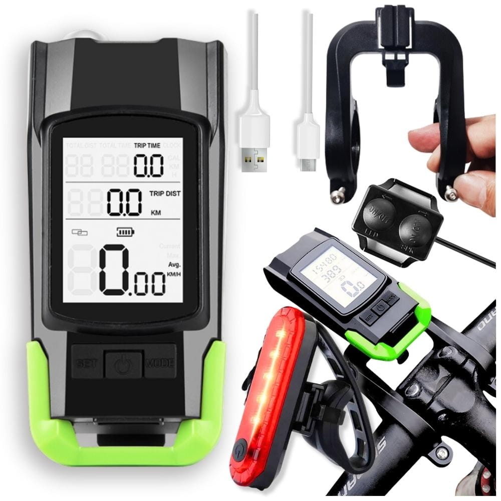 Fietscomputer - met fietslamp en kilometerteller - zwart