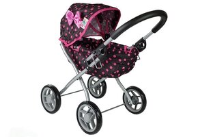 Poppenwagen - 57x35x54cm - zwart met roze stippen