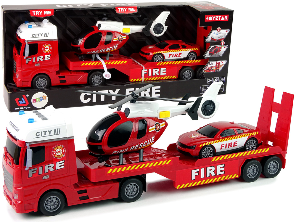Brandweerauto speelgoed - 62x10x17cm - met helikopter en auto