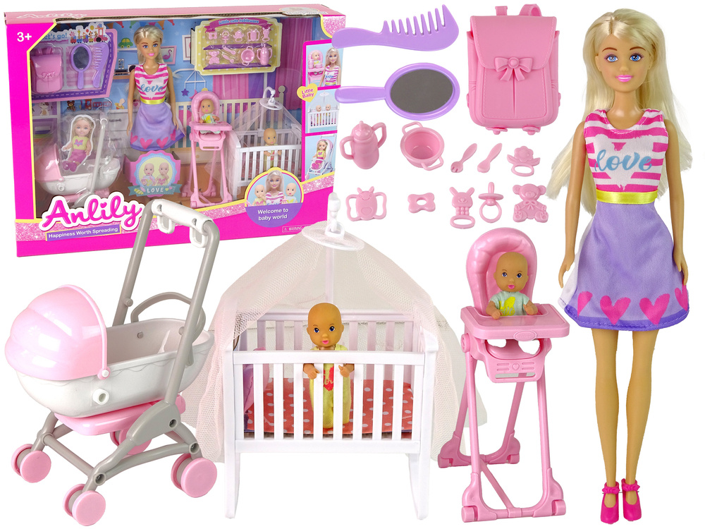 Modepop Anlily - moeder met 2 baby's - met accessoires - roze