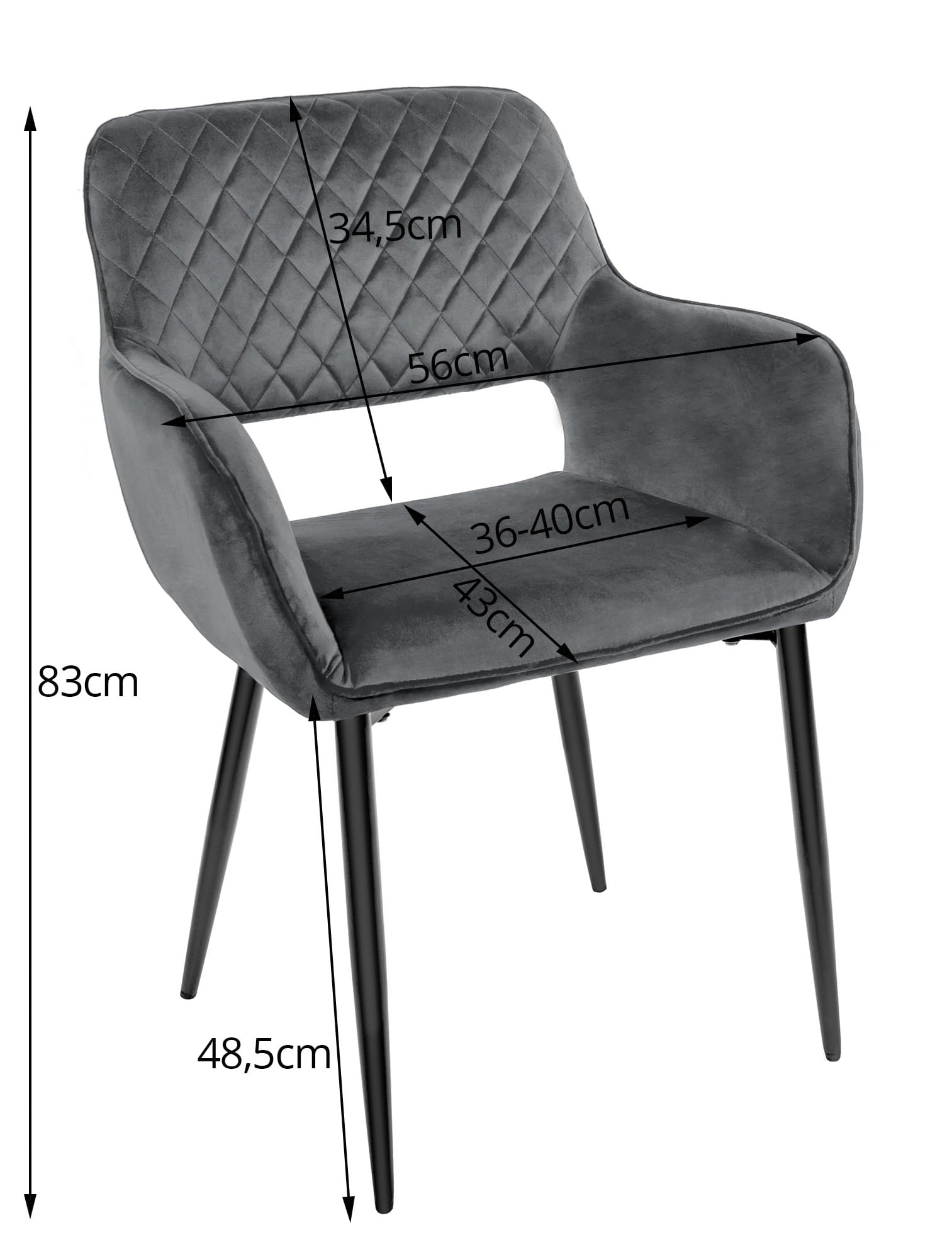 Velvet eetkamerstoel AMALFI - met armleuning - 2 stuks - zwart