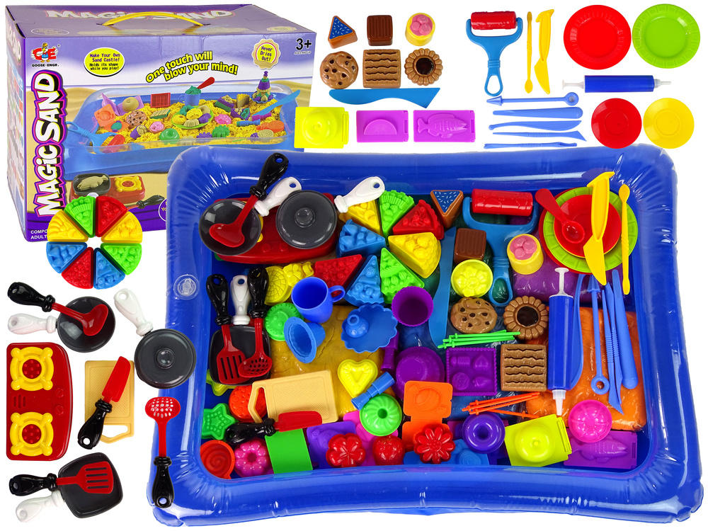 Kinetisch zand - 6 kleuren - met onderlegger en 70 accessoires