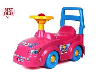 Loopauto - 57x47x26cm - met toeter - roze blauw