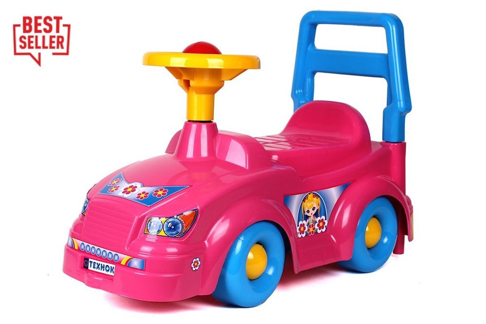 Loopauto - 57x47x26cm - met toeter - roze blauw
