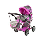 Poppenwagen - 2in1 - 46x37x70cm - tas - grijs met roze sterren
