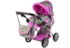 Poppenwagen - 2in1 - 46x37x70cm - tas - grijs met roze sterren