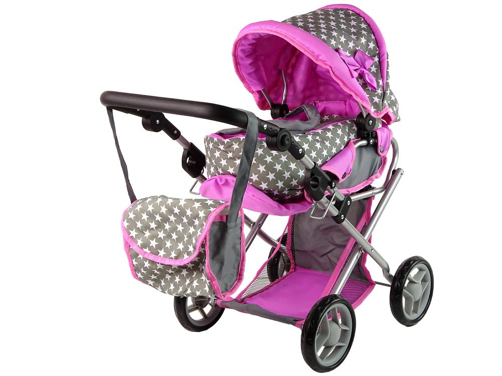 Poppenwagen - 2in1 - 46x37x70cm - tas - grijs met roze sterren