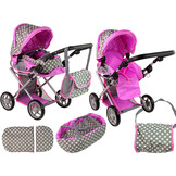 Poppenwagen - 2in1 - 46x37x70cm - tas - grijs met roze sterren