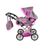 Poppenwagen - 2in1 - 46x37x70cm - tas - grijs met roze sterren