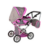 Poppenwagen - 2in1 - 46x37x70cm - tas - grijs met roze sterren