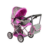 Poppenwagen - 2in1 - 46x37x70cm - tas - grijs met roze sterren