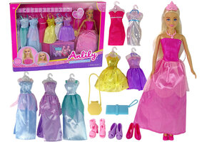 Modepop -29 cm - met poppenkleertjes - 8 jurken en accessoires