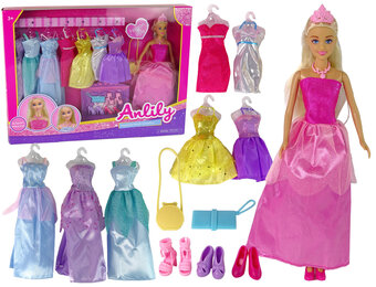 Modepop -29 cm - met poppenkleertjes - 8 jurken en accessoires