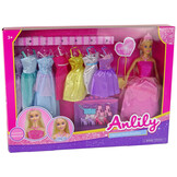 Modepop -29 cm - met poppenkleertjes - 8 jurken en accessoires