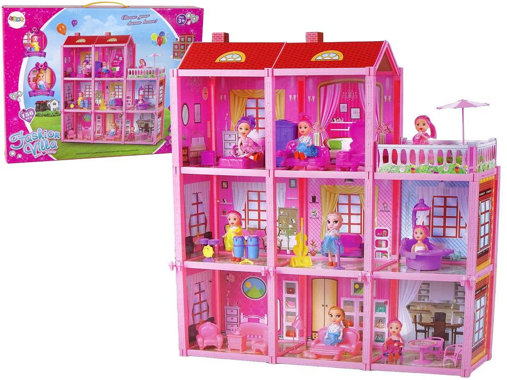 Poppenhuis Willa - 63x17x65cm - met meubels en poppetjes - roze