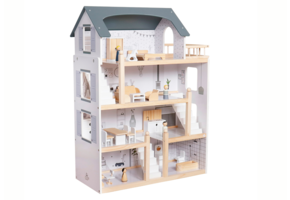 Houten poppenhuis Gaja - 81x62x28cm - met meubels - grijs wit