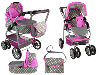 Poppenwagen - 2 in 1 - met reiswieg - grijs met roze sterren
