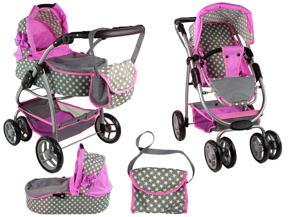 Poppenwagen - 2 in 1 - met reiswieg - grijs met roze sterren