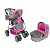 Poppenwagen - 2 in 1 - met reiswieg - grijs met roze sterren