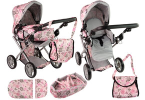 Poppenwagen - 48x35x64cm - met draagzak - roze met bloemen