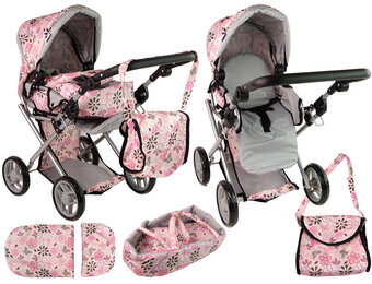 Poppenwagen - 48x35x64cm - met draagzak - roze met bloemen