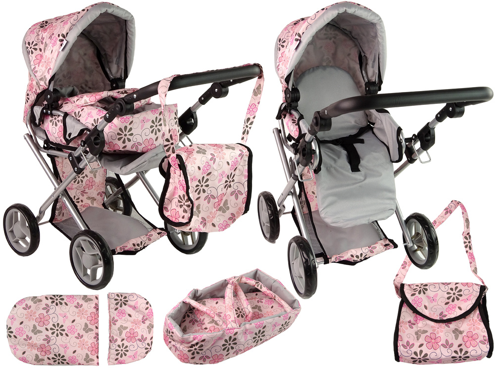 Poppenwagen - 48x35x64cm - met draagzak - roze met bloemen