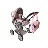Poppenwagen - 48x35x64cm - met draagzak - roze met bloemen