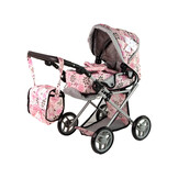 Poppenwagen - 48x35x64cm - met draagzak - roze met bloemen