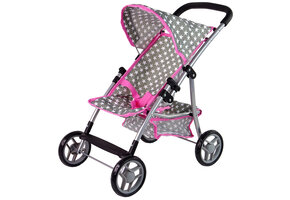 Poppenwagen - 50x34x57cm - opvouwbaar - grijs met roze sterren