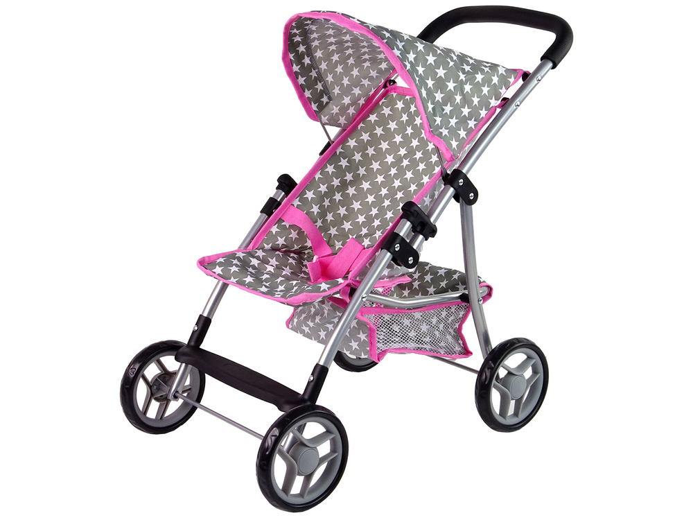 Poppenwagen - 50x34x57cm - opvouwbaar - grijs met roze sterren