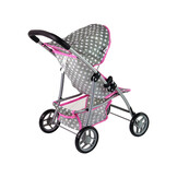 Poppenwagen - 50x34x57cm - opvouwbaar - grijs met roze sterren